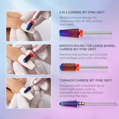 MelodySusie 3Pcs Nail Drill Bits Set, 3/32'' Carbide Tungsten Bits, 5 in 1, Smooth Round Top Large Barrel and Tornado Bits, Suitable for Manicure Pedicure Cuticle Gel Acrylic Remover, Purple