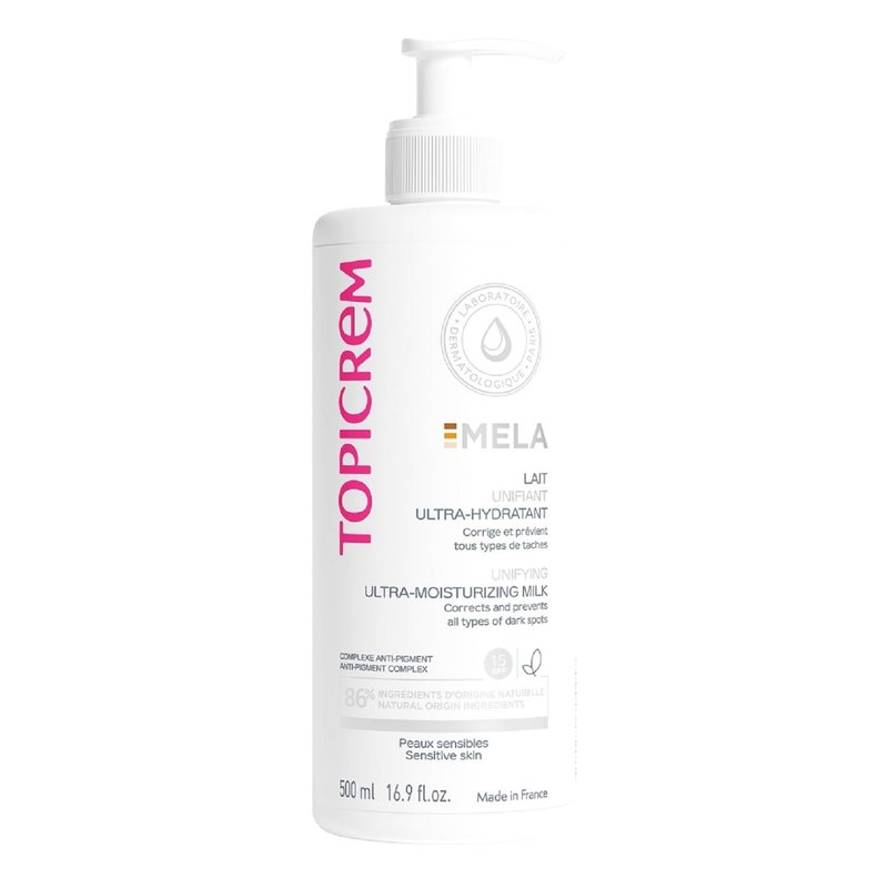 GIGATEMP Topicrem - Mela, Lait Unifiant Ultra Hydratant Corps - Hydrate 24h, Unifie le Teint, Corrige et Prévient l’Apparition des Taches Texture Onctueuse Peaux Sensibles Nouvelle Formule 500ml