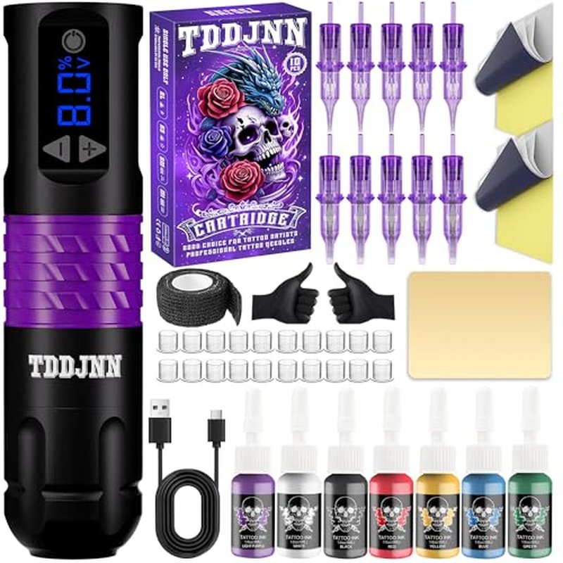 Professional Tattoo Gun Set Wireless Tattoo Machine Pen Set 1500mAh Battery Disposable Tattoo Needles 10 Purple Suitable for Beginners and Artists Portable LED Digital Display (BLACK)