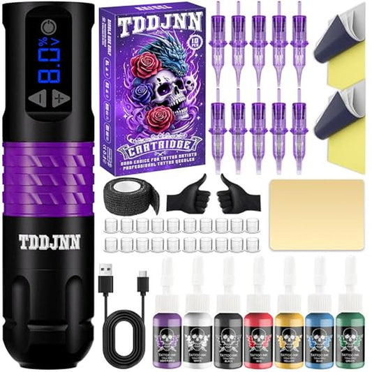 Professional Tattoo Gun Set Wireless Tattoo Machine Pen Set 1500mAh Battery Disposable Tattoo Needles 10 Purple Suitable for Beginners and Artists Portable LED Digital Display (BLACK)