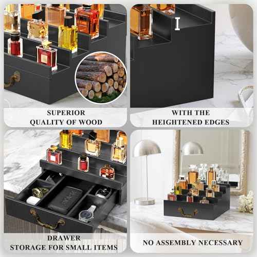 ONKO Cologne Stand for Men,Fragrance Display Stand for Men,Black Cologne Storage Shelf,4-Tier of Elevated Perfume Holder with Drawer,Wooden Fragrance and Watch Shelf Organizer,Room Decor Accessories