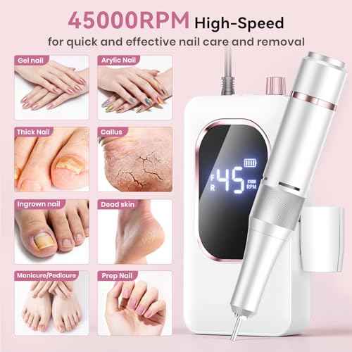 Professional Electric Nail Drill 45000RPM, Portable Nail File for Acrylic Gel Nails, Cordless Rechargeable Salon-Grade Ultra Power Nail Drill Kit for Shaping, Polishing & Removing Gel Nails