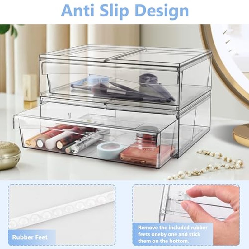 Homeanda 4 Pack Clear Stackable Storage Drawers, 12.1''W Acrylic Plastic Organizers for Makeup, Nail Polish, Snacks, Beauty Supplies, Ideal for Vanity, Bathroom, Undersink, Cabinet, Desk Organization