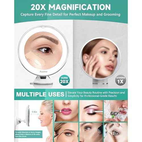 Auxmir 2025 Upgraded 20X Magnifying Mirror with Light, Makeup Mirror with 2-Level Lights, Vanity Mirror with Power Suction Cup and Tweezers, 360¡Æ Swivel, Portable Bathroom Mirror for Home Travel