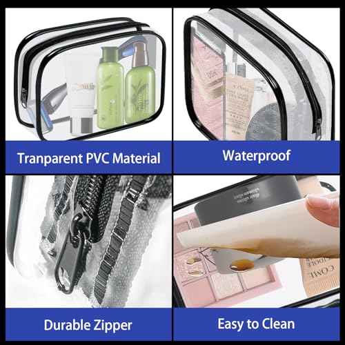 16 Pieces Clear Cosmetic Bags PVC Clear Makeup Bags TSA Approved Toiletry Bag with Zipper Waterproof Vinyl Plastic Organizer Storage Transparent Pouch for Women and Men (Black, Small)