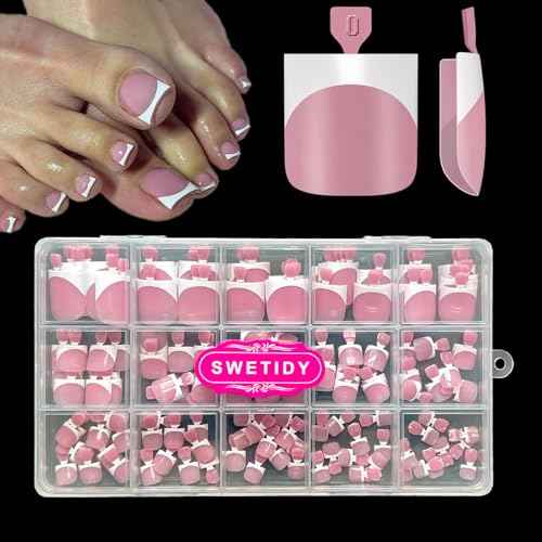 Toe Nail Press Ons, French Tips Toe Press On Nails, 150pcs Square Pre-Designed Soft Gel Thick False Toenail Extension, Berry Pink Full Cover Acrylic for DIY 15 Sizes