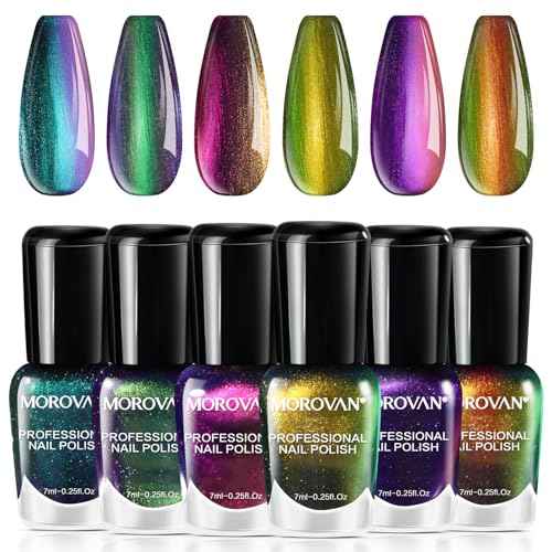 Morovan Fingernail Nail Polish Set: Holographic Metallic Lacquer Air Dry Nail Polish Regular Nail Pack 0.27oz Glitter Finger Nail Bulk Toenail Polish Kit Halloween Fall Gift for Women