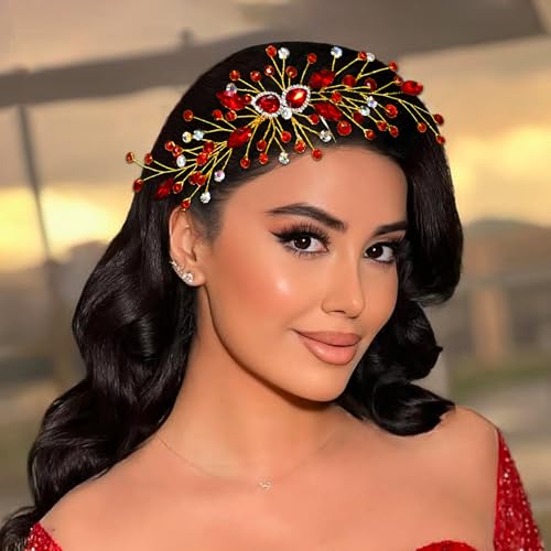 Crystal Bride Wedding Hair Comb Pearl Bridal Hair Clip Rhinestone Party Prom Hair Piece for Women and Girls (Red-847)