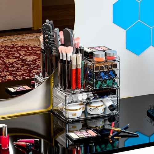 Clear Acrylic Makeup Organizers for Vanity,Countertop,3 Pack Make up Drawer Organizer With Makeup Brush Holder,Plastic Skincare Organizers for Hair Accessories,Beauty,Hair Products,Bathroom,Dresser