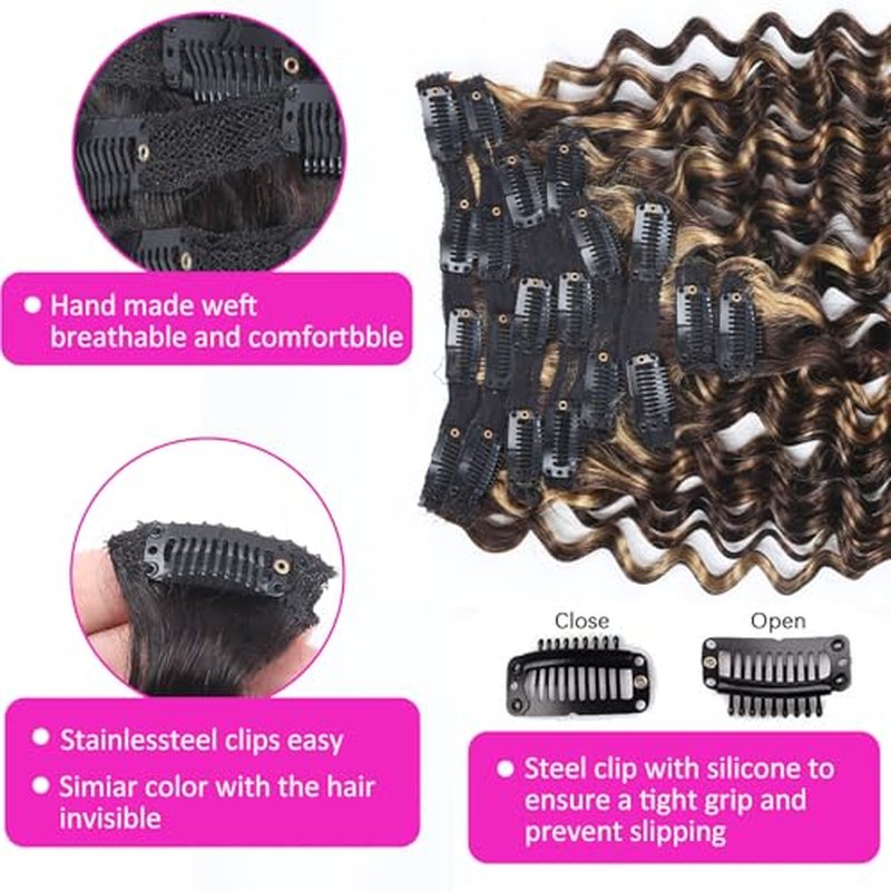 Curly Clip in Hair Extensions Real Human Hair 18inch 120g Invisible & Seamless 100% Brazilian Remy Human Extension Deep Wave Clip ins Extensions Double Weft 8 PCS with 20 Clips Highlight P427