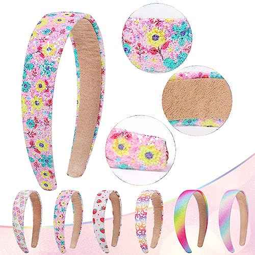 Fishdown Headbands for Girls 3 CM Wide, 6 Pack Sparkly Hair Bands for Kids, Flower Rainbow Sequin Girls Headbands for Kids Children Teens Women