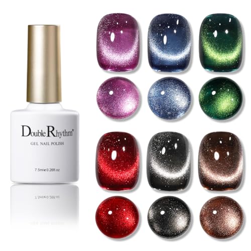 Double Rhythm 6 Colors Cat Eye Gel Polish Set Shimmer Glitter with Magnet Holographic Reflective Magnetic UV Nail Art Kit (6-Kit 26)