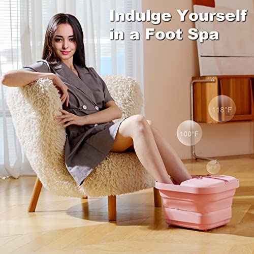 Collapsible Foot Bath Spa with heat and Massage Rollers, Foldable Foot Soak Tub with Bubbles Jets and LED light, Pedicure Foot Spa Massager with Foot Scrubber for Home Use (Pink)