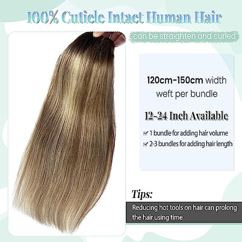 Sew in Hair Extensions Real Human Hair, 16 Inch 100G Weft Bundles Ombre Brown and Blonde Balayage Highlights Weave for Women