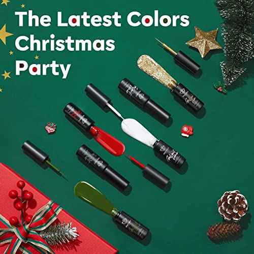 modelones 6 Color Christmas Gel Polish Nail Art Liner Set White Red Green Brown Glod Silver Glitter Sparkle for French Tip Swirl Nails with Thin Brush Soak Off Winter Holiday Manicure Gift for Women