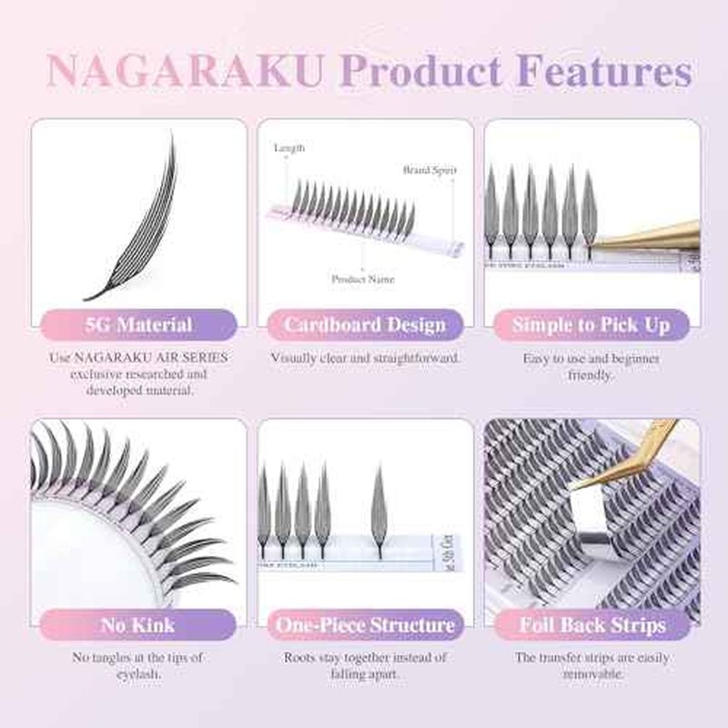 NAGARAKU Premade Spire Eyelash Extensions Air Series Feather Shape Manga Anime Individual Lashes Volume Soft Black Flat Root Spikes Fans Eyelashes DIY Clusters Lash Salon -0.07 C Curl 8-15mm Mix