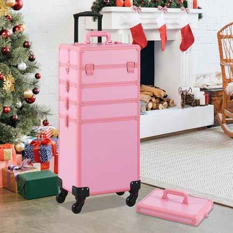 Makeup Train Case, Rolling Makeup Case with Lid, 5 in 1 Cosmetology Case on Wheels, Christmas Gift, Large Makeup Case Organizers, Profesional Cosmetic Case for Salon Barber, Pink