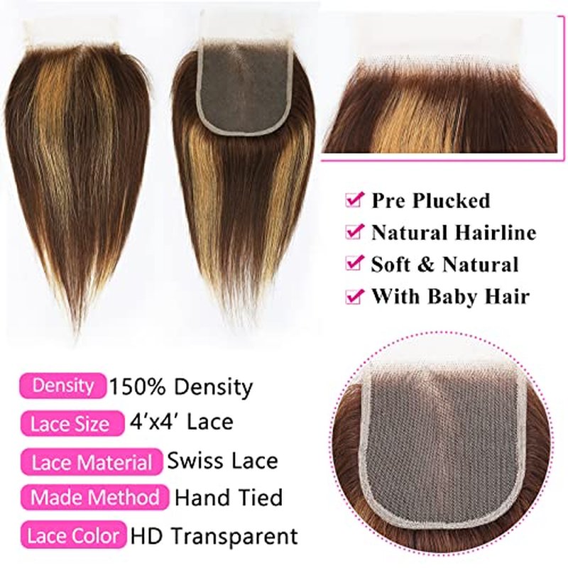 FQ 4/27 Highlight Bundles and Closure Straight P4/27 Human Hair Bundle with Closure(10 10 10+10) Brazilian Ombre Honey Blond Colored Short Bob 50g 3 Bundles with 4x4 Lace Closure