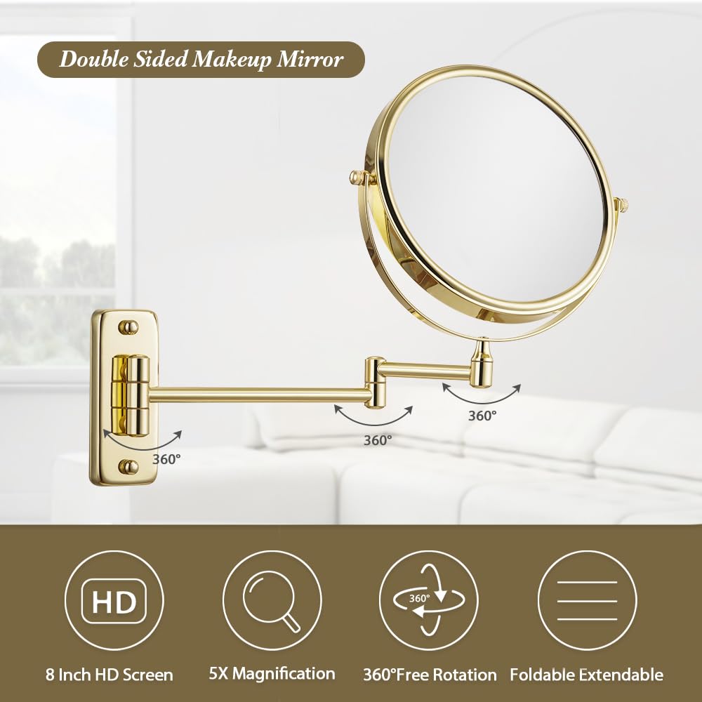 Cerdeco 8 Inch 10X Double Sided Makeup Wall Mount Mirror with Nickel Plated Finished 360° Swivel Extendable Cosmetic Shaving Magnification Mirror
