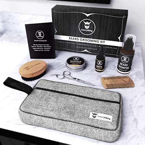 Striking Viking Grooming Kit - Premium Care Products for Men with Beard Shampoo, Oil, Balm Butter, Brush, Wooden Comb, Mustache Scissors & Toiletry Bag