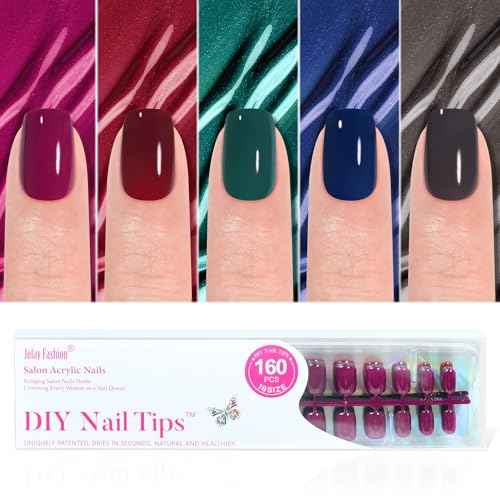 Press on Nails Short 5 Colors, Jofay Fashion 160Pcs Winter Fake Nails, Valentines Press on Nails Square, Natural Reusable Glue On Nails for women Gift, Soft Gel Nail Kit in 16 Sizes