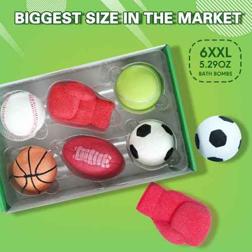 Sports Themed Bath Bombs Gift Set ? 6 Piece Novelty Fizzy Balls with Basketball, Tennis, Baseball, Soccer, Football & Boxing ? Fun Spa Kit for Kids, Teens, Men & Women ? Self Care & Relaxation