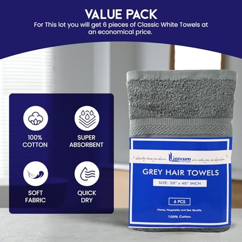 Linteum Textile Supply Premium Hair Drying Towels 100% Ring Spun Cotton Hair Towel for Women, Men, Kids 20x40 inches Quick Dry Salon Towels Hand Towel for Gym, Hair Care, Spa [Pack of 12] 2.5 lb Grey