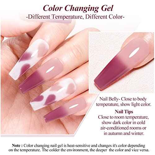 MEET ACROSS Jelly Pink Color Changing Gel Nail Polish Translucent Nude Pink Mood Temperature Change Gel Polish Set White Pink Red Purple Amber Gold Foil Transparent Crystal Gel Nail Polish