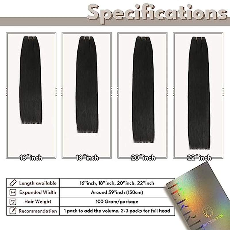 Sew in Hair Extensions Real Human hair, Silky Soft &Shiny Double Drawn Weft Hair Extensions human hair, Thick ends&Tangle Free Human hair extensions sew in,100g Straight Natural Black,16 inch