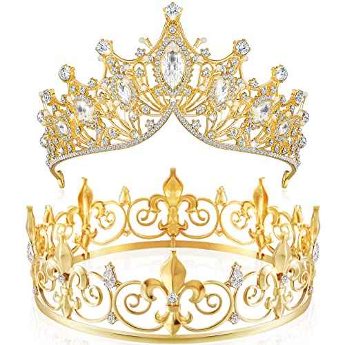 Junkin 2 Pcs Prom King and Queen Crowns for Men Women Baroque Queen King Prince Tiara Princess Crystal Headband for Halloween Wedding Birthday Grad Rhinestone Prom Party(Gold)