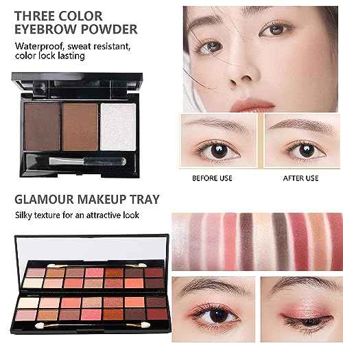 All in One Makeup Kit - 2X14 Eyeshadow Palette, Liquid Foundation, Eyeliner Pencils, Contouring Stick, Lip Gloss, 20Pcs Makeup Brushes (Black)
