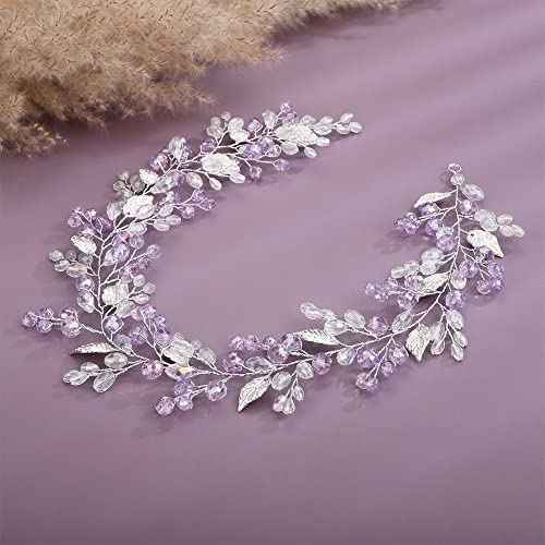Teyglen Bridal Wedding Hair Vine Headband Silver Crystal Leaf Hair Pieces Handmade Blue Red Green Rhinestone Headpiece Hair Accessories for Women Bride Girls (Light Purple)
