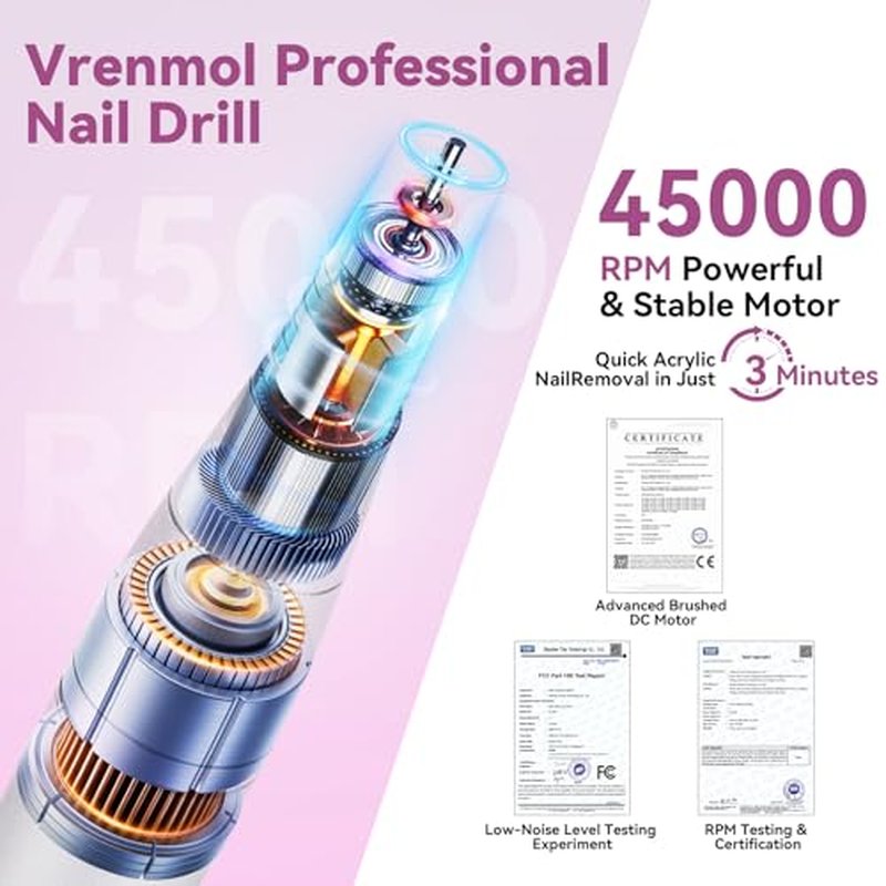 Vrenmol Electric Nail Drill Professional 45000RPM: Rechargeable Nail Drill Kit Portable Electric Nail File with Complete Bits for Acrylic Nails Gel Polishing Removing 2000mAh Nail Drill Machine Salons
