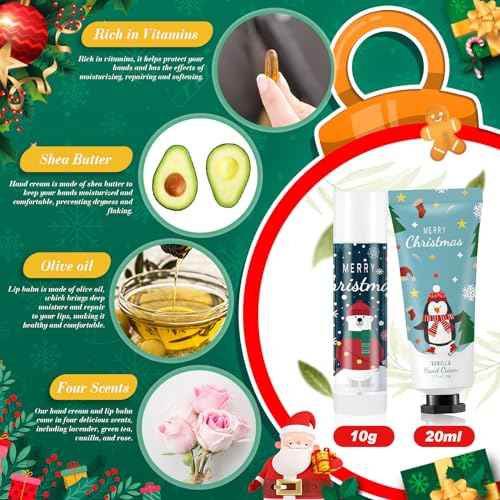 36 Set Christmas Hand Cream Gift Set, Including Moisturizing Christmas Hand Lotion, Xmas Lip Balm, Gauze Bags, Thank You Cards Natural Fragrant Xmas Hand Cream with Lip Balm Christmas Gifts