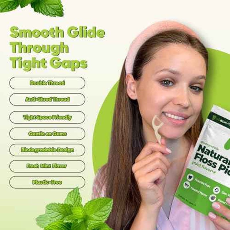 Biodegradable Dual Thread Floss Picks - Natural Straw Wheat Handle | Tight Gap Dental Flossers for Adults | Gentle on Gums & Teeth | Eco Friendly, Vegan, Natural (100 Pack, Mint)