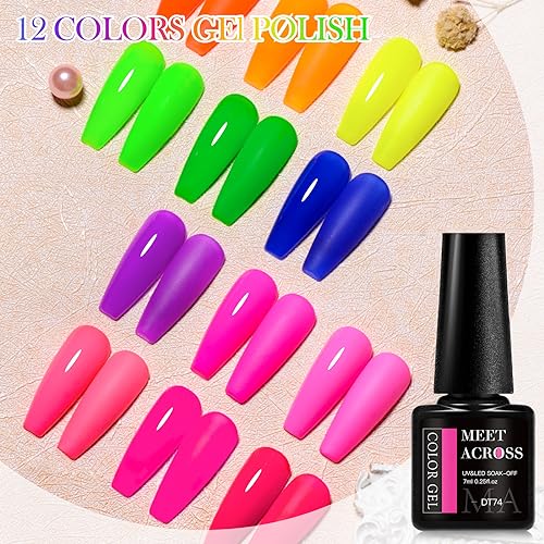 MEET ACROSS 12pcs Gel Nail Polish Set,Soak Off UV LED Lamp Gel Nail Polish Kit,Fashion Shimmer Nail Art Design Gifts for Women Manicure Salon (Neon series)