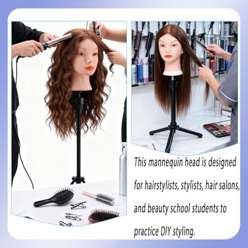 Mannequin Head with 100% Human Hair, TopDirect Real Hair Cosmetology Mannequin Head Hair Styling Hairdressing Practice Training Doll Head with Clamp Holder and Tools (Dark Brown)