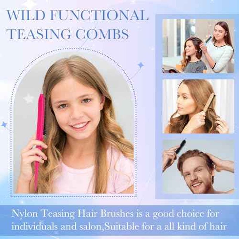 Yaomiao 6 Pcs Teasing Brush for Fine Hair Nylon Rat Tail Brush Set Women Three Row Salon Teasing Set for Back Combing, Root Hair Scalp Massage(Black, Blue, Rose Red, Yellow)