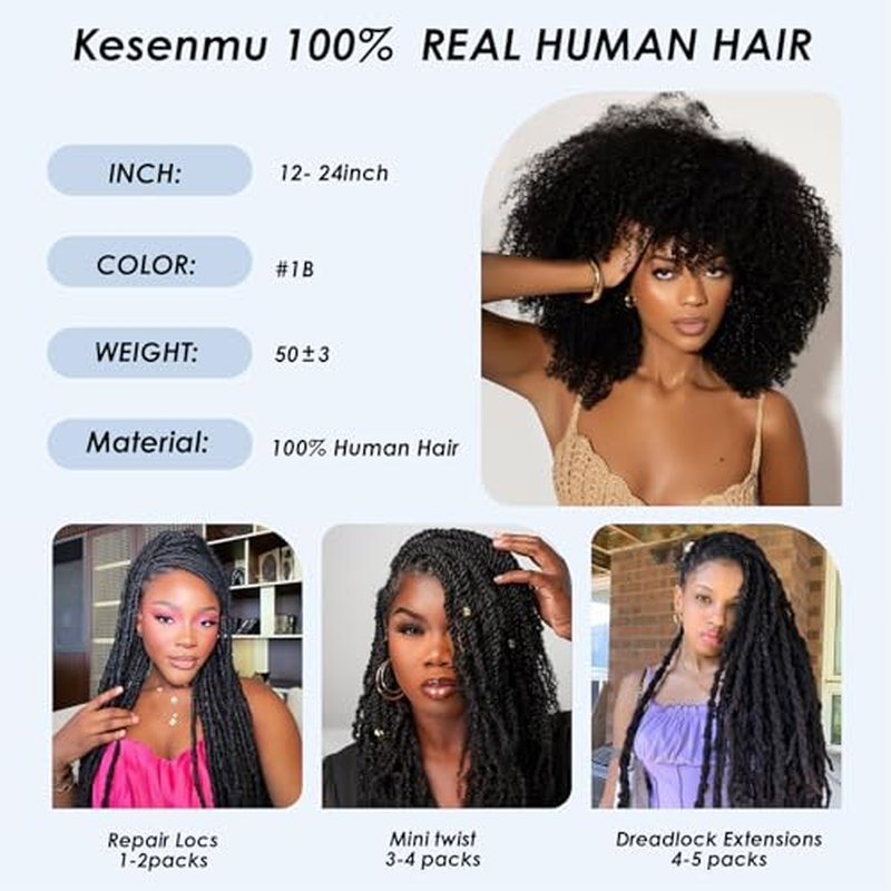 Afro Kinkys Bulk Human Hair,14 Inch 50g/Pack Afro Kinky-Curly Human Hair Bulk for Mini Twist, 4C Bulk Human Braiding Hair For Micro,Crochet,Repair, Dreadlocks,Locs Extensions