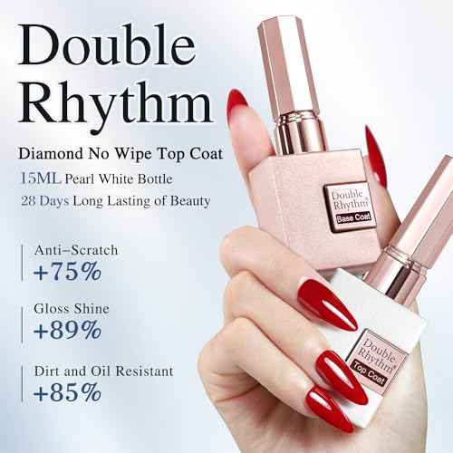 Double Rhythm 2 Pcs 15ML No Wipe Gel Top Coat and Base Coat Set Clear Glossy Gel Polish Kit Soak Off LED (Base and Top Coat)