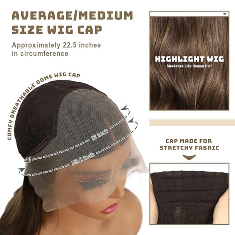 Brown Synthetic Lace Front Wig 13x4 Pre Plucked Highlight Body Wave Wigs for Women Heat Resistant Hair 22 Inch Daily Use