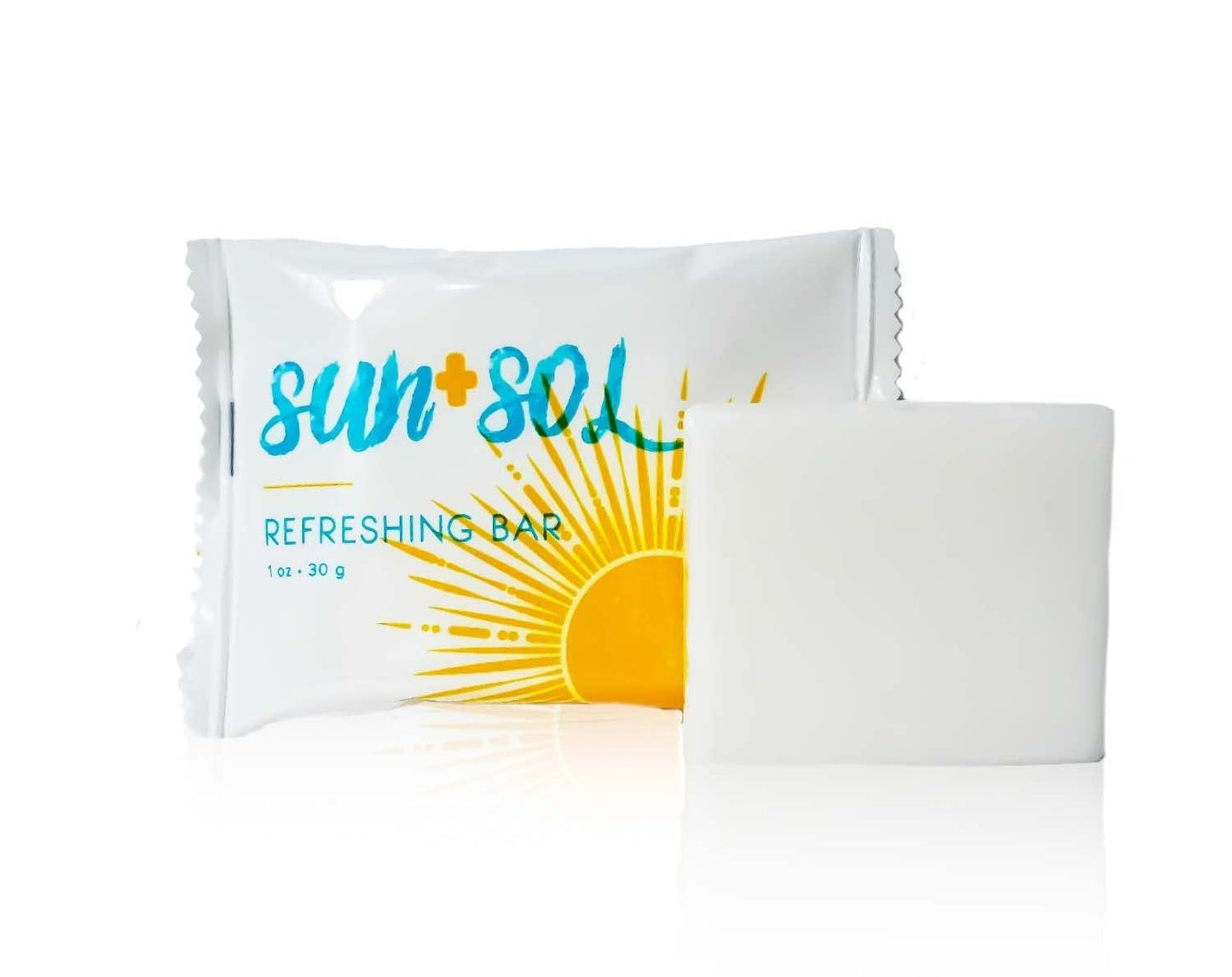 World Amenities Sun + Sol Bulk Refreshing Soap Bar with Warm Coconut & Vanilla Fragrances, Sachet Wrapped Travel Size Toiletries, Mini Hotel Amenities, 1 Oz, 100 Count