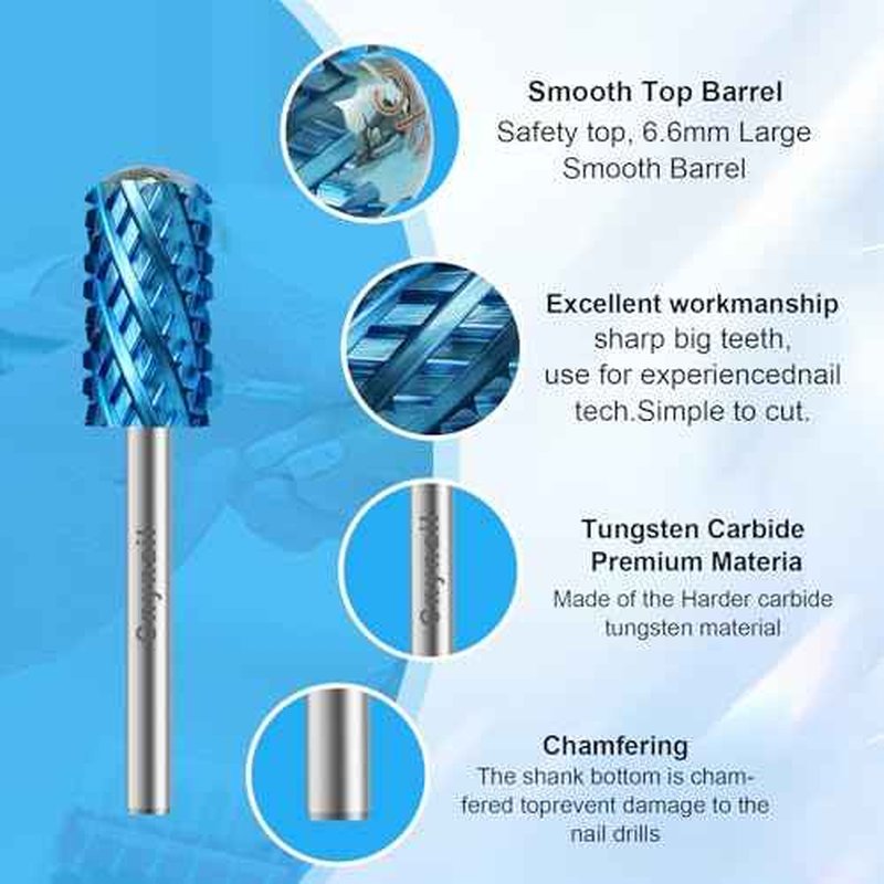 3/32" Large Barrel Smooth Round Top Tungsten Carbide Nail Drill Bit Safety Bit for Gel & Acrylic Removal, 2-Way Rotating Efile Tip, Salon Electric File Accessory (4XC Grit, Blue)