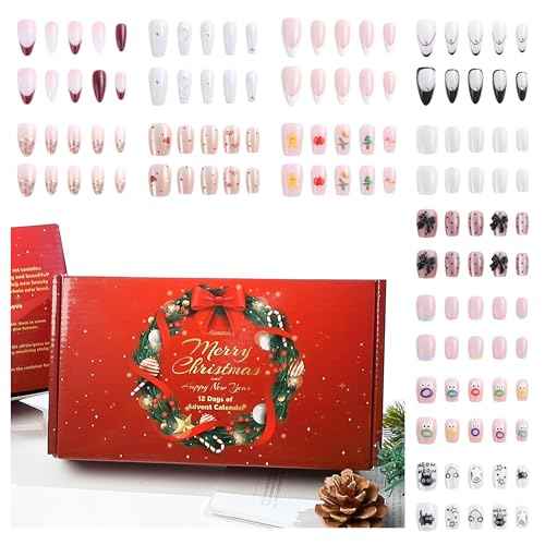 Press on Nail Set 2025 Christmas Advent Calendar 12 Day French Tip Almond Cat Eye Reusable False Nail Xmas Gift for Women New Year M