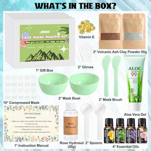 Jcoos Diy Face Mask Maker, Make Your Own Clay Mask for Face & Sheet Mask, Oil Control - Hydration Facemask Skincare, Face Mask Applicator, Mixing Bowl Set, Volcanic Ash, Essential Oils, Rose Hydrosol