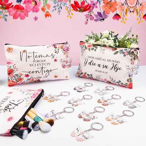 24 Pcs Spanish Christian Gift Set - 12 Women Makeup Bags Bulk & 12 Butterfly Keychains Inspirational Bible Verse Cosmetic Bags Religious Gifts for Women Regalos Religiosos Para Mujer En Espa?ol