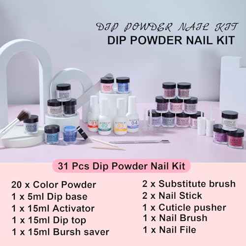 31 Pcs Dip Powder Nail Kit, 20 Colors Glitter Nude Pink Blue Gray Dip Powder Liquid Set with Top/Base Coat Activator for French Nails Art Manicure DIY Salon, No Needed Nail Lamp Curing