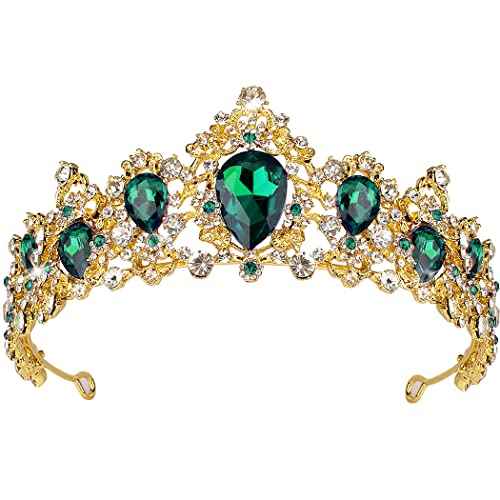 Didder Baroque Vintage Rhinestone Tiara, Green Royal Crystal Tiaras for Women Gold Princess Crown Tiaras for Girls Bridal Hair Accessories for Wedding/Prom/Pageant/Birthday/Party/Photography