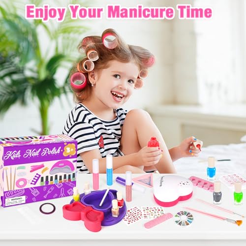Kids Nail Polish Set for Girls with Dryer, Non-Toxic Nail Kit for Girls Ages 8-12 Water Based, with Fake Nail Art Salon, Girl Toys Christmas Birthday Gifts for Girls 8 9 10 11 12
