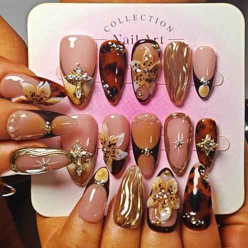 Handmade Acrylic Press On Nails Almond, Brown Press On Nails Medium, Flower 3D Nails French Tip Amber Gold Chrome For Women Gift, Reusable Stick On Fake Nails Kit With Nail Glue(Amber Bloom-S)